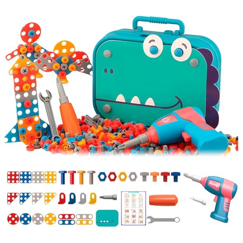 CHENRI Kids Stem Toy Electric Drill, Steckspiel Spielzeug mit Bohrmaschine, STEM 3D Puzzle Montessori Spielzeug, Pädagogisch Mosaik Werkzeugkoffer Kinder Spiele für Kinder (B-211PCS-mit Dill) von CHENRI