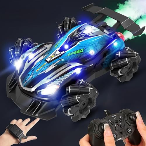 CHENRI Sherum Drive Rc Car, Ferngesteuertes Auto, Gestensensor RC Stunt Car Auto mit Licht und Musik, 360° Drehbares RC Rennwagen, 4WD 2.4Ghz Handgesteuertes Ferngesteuertes Auto für Kinder (Blau) von CHENRI