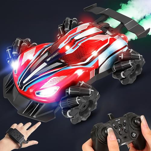 CHENRI Sherum Drive Rc Car, Ferngesteuertes Auto, Gestensensor RC Stunt Car Auto mit Licht und Musik, 360° Drehbares RC Rennwagen, 4WD 2.4Ghz Handgesteuertes Ferngesteuertes Auto für Kinder (Rot) von CHENRI