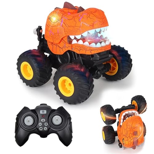 Dinosaur Remote Control Car, Dinosaurier Ferngesteuertes Auto, RC Monstertruck Dinosaurier Spielzeug mit Licht, Klang, Sprühen, 360°Drehung Ferngesteuerter Monster Truck für Kinder Jungen (Orange) von CHENRI