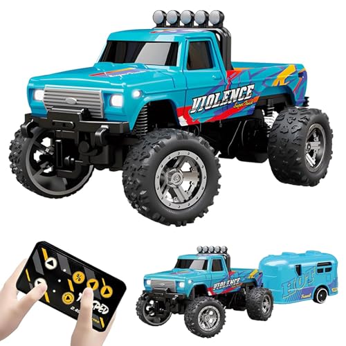 Mini RC Truck, Ferngesteuertes Auto, 2.4G Fernsteuerung USB Wiederaufladbar Unterlauf mit Anhänger, 1:64 Ferngesteuerter Truck mit 3 Geschwindigkeiten & LED Lichter für Kinder, Erwachsene (Blau) von CHENRI