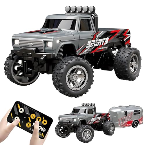 Mini RC Truck, Ferngesteuertes Auto, 2.4G Fernsteuerung USB Wiederaufladbar Unterlauf mit Anhänger, 1:64 Ferngesteuerter Truck mit 3 Geschwindigkeiten & LED Lichter für Kinder, Erwachsene (Grau) von CHENRI