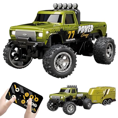 Mini RC Truck, Ferngesteuertes Auto, 2.4G Fernsteuerung USB Wiederaufladbar Unterlauf mit Anhänger, 1:64 Ferngesteuerter Truck mit 3 Geschwindigkeiten & LED Lichter für Kinder, Erwachsene (Grün) von CHENRI