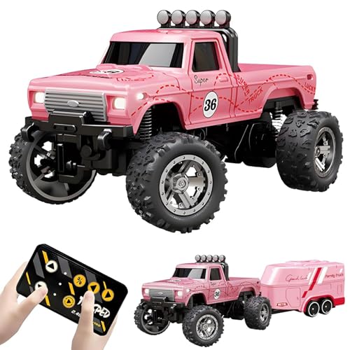 Mini RC Truck, Ferngesteuertes Auto, 2.4G Fernsteuerung USB Wiederaufladbar Unterlauf mit Anhänger, 1:64 Ferngesteuerter Truck mit 3 Geschwindigkeiten & LED Lichter für Kinder, Erwachsene (Rosa) von CHENRI