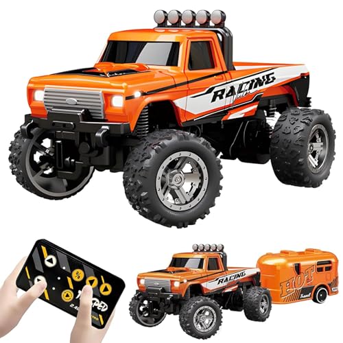 Mini RC Truck, Ferngesteuertes Auto, 2.4G Fernsteuerung USB Wiederaufladbar Unterlauf mit Anhänger, 1:64 Ferngesteuerter Truck mit 3 Geschwindigkeiten & LED Lichter für Kinder, Erwachsene (Orange) von CHENRI