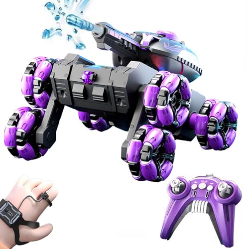 Watch Gesture Sensor RC Tank Toy, Gestensensor RC Tank Spielzeug, 4WD Ferngesteuertes Auto Panzer mit Wasserkugelkanone, 360° Drehung Gestenoperation RC Auto mit Licht & Musik für Kinder (Purple) von CHENRI