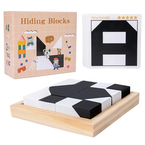 Wooden Hidden Block Puzzle, Montessori Geometrische Form Puzzles Bauklötze hölzerne 3D-Puzzle, Montessori Spielzeug mit Karte, Schwarz Weiß Pädagogische Puzzles Geschenk für Kinder (A) von CHENRI