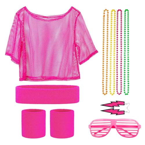 CHEVVY 80er Jahre Outfit Damen 80er Neon Netz Shirt Stirnband Armband Ohrringe Halskette 80er Jahre Kleidung Kostüm Neon Accessoires Thema Party Karneval Damen Frauen Mädchen von CHEVVY