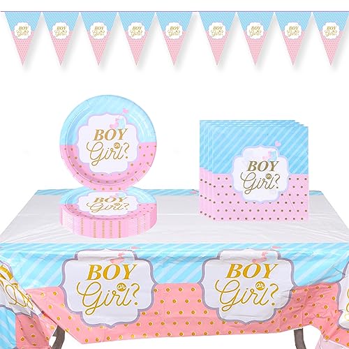 CHEVVY Gender Reveal Party Deko Geschirr Set Rosa Blau wasserdichte PVC Plastic Tischtuch 137*274CM 16stk. Teiliges Pappteller Servietten Dreieckige Flagge Partygeschirr Gender Reveal von CHEVVY