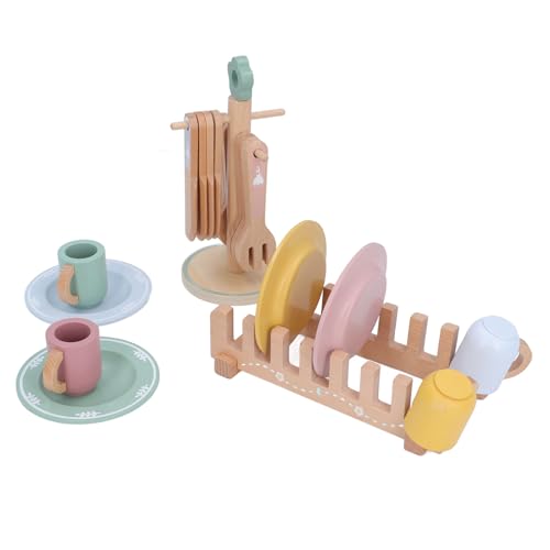 Spielset mit Holzutensilien, Farblich Passender Teller, Becher, Löffel, Gabel für mit Küchenzubehör aus Buchenholz und Aufbewahrungsregal, Tolle Geschenkidee für Mädchen und von CHICIRIS