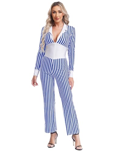 CHICTRY 20er Jahre Gangster Kostüm Damen Mafia Outfit Langarm Streifen Overall Tief V-Ausschnitt Jumpsuit Für Fasching Karneva Mottoparty Blau L von CHICTRY