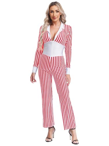 CHICTRY 20er Jahre Gangster Kostüm Damen Mafia Outfit Langarm Streifen Overall Tief V-Ausschnitt Jumpsuit Für Fasching Karneva Mottoparty Rot L von CHICTRY