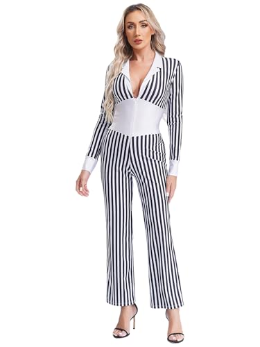 CHICTRY 20er Jahre Gangster Kostüm Damen Mafia Outfit Langarm Streifen Overall Tief V-Ausschnitt Jumpsuit Für Fasching Karneva Mottoparty Schwarz L von CHICTRY