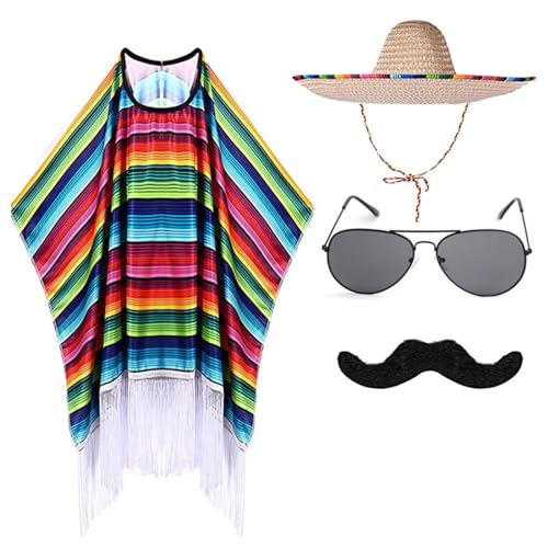 CHICTRY 4Pcs Erwachsene Mexikaner Kostüm Zubehör Gestreiften Mexikaner Poncho mit Sombrero Schnurrbart Sonnenbrille Maracas Set für Halloween Fiesta Karneval A Bunt Adult One Size von CHICTRY