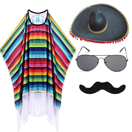 CHICTRY 4Pcs Erwachsene Mexikaner Kostüm Zubehör Gestreiften Mexikaner Poncho mit Sombrero Schnurrbart Sonnenbrille Maracas Set für Halloween Fiesta Karneval D Bunt Adult One Size von CHICTRY