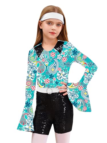 CHICTRY 70er Disco Overall Kinder Mädchen Kurz Jumpsuit Ausgestellter Ärmel Crop Top Motiv Pailletten Shorts Tanzanzug Mit Haarband 2tlg Tanz Outfit Grün 110-116 von CHICTRY