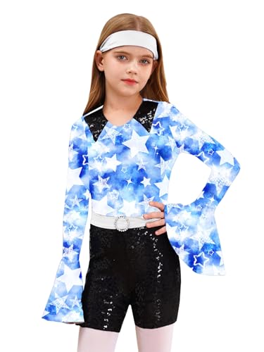 CHICTRY 70er Disco Overall Kinder Mädchen Kurz Jumpsuit Ausgestellter Ärmel Crop Top Motiv Pailletten Shorts Tanzanzug Mit Haarband 2tlg Tanz Outfit Hellblau 134-140 von CHICTRY