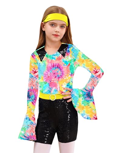 CHICTRY 70er Disco Overall Kinder Mädchen Kurz Jumpsuit Ausgestellter Ärmel Crop Top Motiv Pailletten Shorts Tanzanzug Mit Haarband 2tlg Tanz Outfit Rosa Gelb 110-116 von CHICTRY