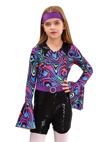 CHICTRY 70er Disco Overall Kinder Mädchen Kurz Jumpsuit Ausgestellter Ärmel Crop Top Motiv Pailletten Shorts Tanzanzug Mit Haarband 2tlg Tanz Outfit Violett 146-152 von CHICTRY