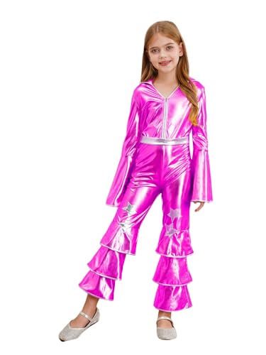 CHICTRY 70er Jahre Disco Overall Kinder Mädchen Metallic Jumpsuit Ganzkörper Ausgestellter Ärmel Body Einteiler Tanzanzug Mit Gestufte Hose Dancewear Hot Pink 110-116 von CHICTRY