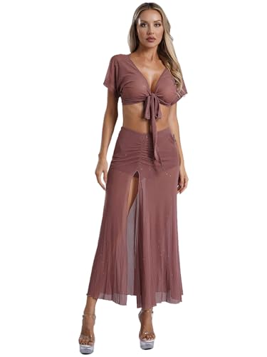 CHICTRY Aladin Jasmin Kostüm Damen Shimmer Tanzkleidung Kurzarm Tanz Shirt Bauchfrei Wickel Top Mit Chiffon Rock Schlitz Maxirock Für Fasching Karneval Altrosa L von CHICTRY