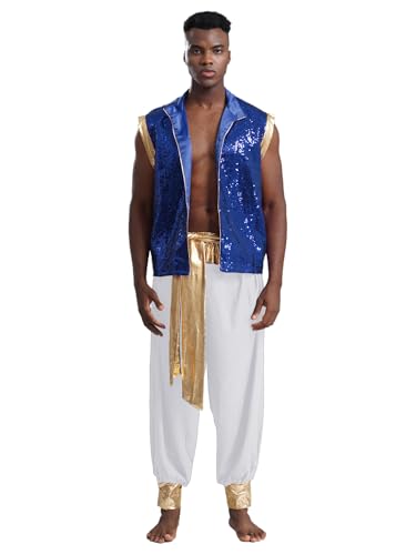 CHICTRY Arabischer Prinz Kostüm Herren Satin Weste Ärmellos Pailletten Glitzer Jacke Metallic Patchwork Haremshose Pluderhose Outfit Blau Weiss 3XL von CHICTRY