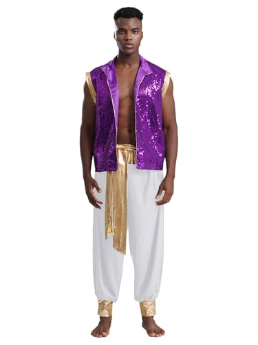 CHICTRY Aladin Kostüm Herren Satin Arabischer Prinz Weste Ärmellos Pailletten Glitzer Jacke Metallic Patchwork Haremshose Pluderhose Outfit Lila & Weiß 3XL von CHICTRY