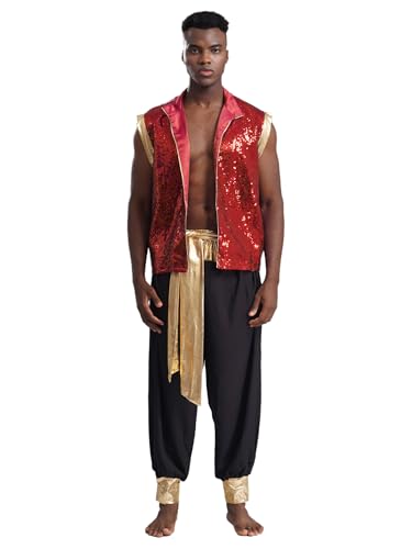 CHICTRY Arabischer Prinz Kostüm Herren Satin Weste Ärmellos Pailletten Glitzer Jacke Metallic Patchwork Haremshose Pluderhose Outfit Rot schwarz L von CHICTRY