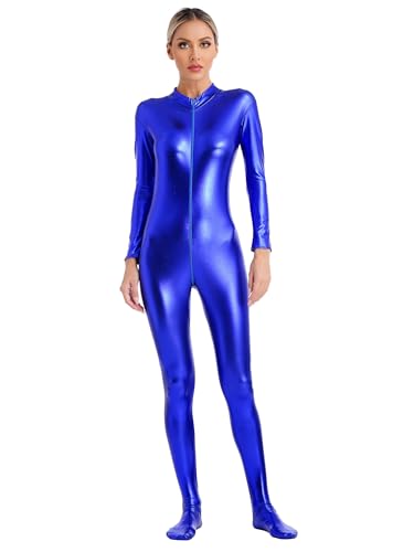 CHICTRY Alien Bodysuit Damen Langarm Metallic Overall Glitzer Jumpsuit Ganzkörper Trikot 70er 80er Jahre Disco Kostüm Tanzanzug Für Fasching Karneval Blau L von CHICTRY