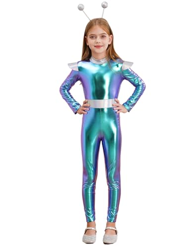 CHICTRY Alien Jumpsuit Kinder Mädchen Space Girl Overall Langarm Metallic Ganzkörperanzug Weltall Raumfahrt Anzug Mit Alien Stirnband Faschingkostüm Blau 134-140 von CHICTRY