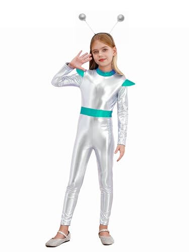 CHICTRY Alien Jumpsuit Kinder Mädchen Space Girl Overall Langarm Metallic Ganzkörperanzug Weltall Raumfahrt Anzug Mit Alien Stirnband Faschingkostüm Silber 122-128 von CHICTRY