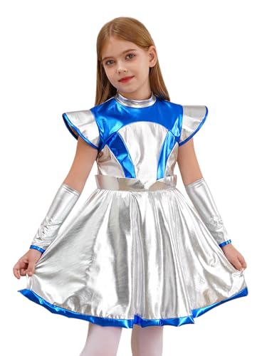 CHICTRY Alien Kleid Kinder Mädchen Astronaut Kostüm Metallic Glitzer Partykleid Fliegenärmel Faltenkleid Glänzend Minikleid Mit Armlinge Kinderkostüm Silber 146-152 von CHICTRY