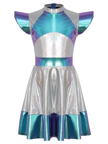 CHICTRY Alien Kleid Mädchen Metallic Kinder Fliegenärmel Partykleid Stehkragen Faltenkleid Patchwork Tanzkleid A Linien Festlich Prinzessin Kostüm Blau 110-116 von CHICTRY