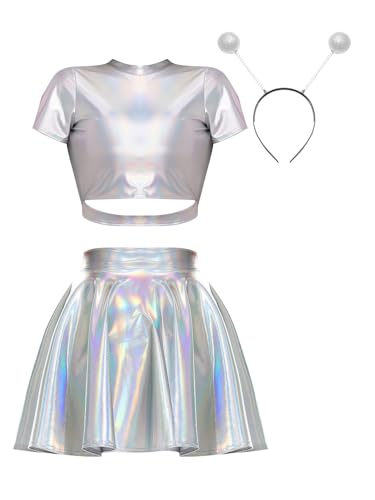 CHICTRY Alien Kostüm Damen Kleid Metallic Minikleid Glänzend Kurzarm Tanz Top Bauchfrei Oberteil Mit A Linien Faltenrock Alien Stirnband Cosplay B Silber S von CHICTRY