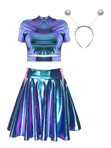 CHICTRY Alien Kostüm Damen Kleid Metallic Minikleid Glänzend Kurzarm Tanz Top Bauchfrei Oberteil Mit A Linien Faltenrock Alien Stirnband Cosplay Blau L von CHICTRY