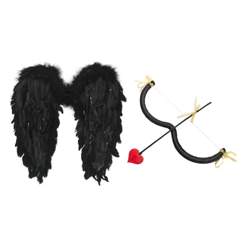 CHICTRY Amor Kostüm Set Federn Engel Fee Flügel mit Amor Bogen Herz Pfeil Engelsflügel Valentinstag Cosplay Weihnachten Karneval Fasching Deko Schwarz One Size von CHICTRY