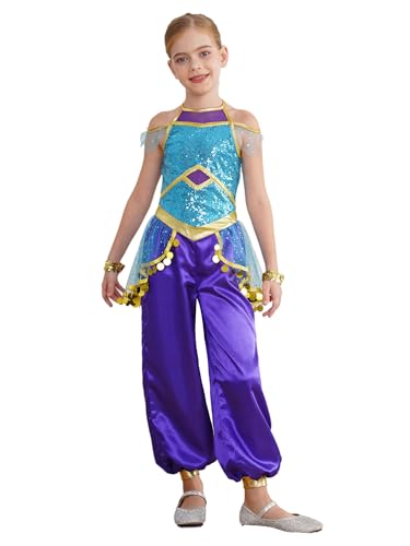 CHICTRY Arabische Prinzessin Kostüm Kinder Mädchen Belly Dance Outfit Pailletten Indische Kleidung Bollywood Orientalische Tanzkleidung Faschingkostüm Blau 110-116 von CHICTRY