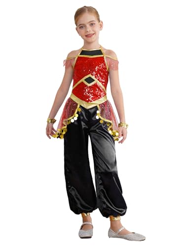 CHICTRY Arabische Prinzessin Kostüm Kinder Mädchen Belly Dance Outfit Pailletten Indische Kleidung Orientalische Tanzkleidung Faschingkostüm Rot 110-116 von CHICTRY