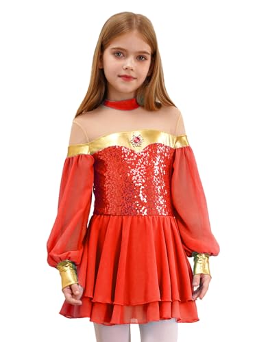 CHICTRY Arabische Prinzessin Kostüm Kinder Mädchen Indische Bauchtanz Kleid Langarm Pailletten Tanzkleid Karneval Halloween Party Märchen Cosplay Outfits Rot 158-164 von CHICTRY