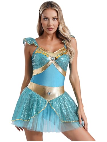 CHICTRY Arabische Tanzkleid Damen Bauchtanz Kostüm Fliegen Ärmel Trikot Pailletten Quasten Leotard Mit Tüllrock Tanzrock Für Fasching Karneval Himmelblau L von CHICTRY