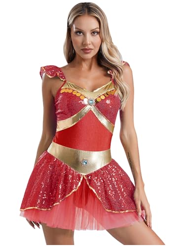 CHICTRY Arabische Tanzkleid Damen Bauchtanz Kostüm Fliegen Ärmel Trikot Pailletten Quasten Leotard Mit Tüllrock Tanzrock Für Fasching Karneval Rot S von CHICTRY