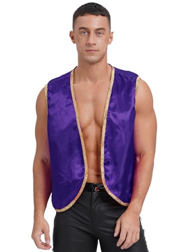 CHICTRY Arabische Weste Herren Halloween Prinz Kostüm Satin Glatt Weste Ärmellos Gilet Jacke Mit Gold Besatz Mittelalter Steampunk Cosplay Verkleidung Dunkelviolett 3XL von CHICTRY