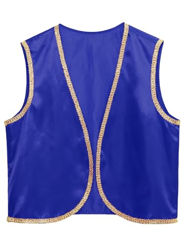 CHICTRY Arabische Weste Herren Halloween Prinz Kostüm Satin Glatt Weste Ärmellos Gilet Jacke Mit Gold Besatz Mittelalter Steampunk Cosplay Verkleidung Königsblau XXL von CHICTRY