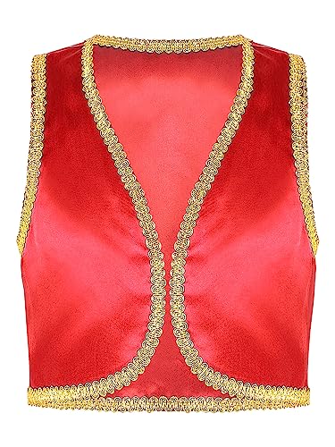 CHICTRY Arabische Weste kinder junge Halloween Prinz Kostüm Satin Glatt Weste Ärmellos Gilet Jacke Mit Gold Besatz Mittelalter Steampunk Cosplay Verkleidung Rot 110-116 von CHICTRY