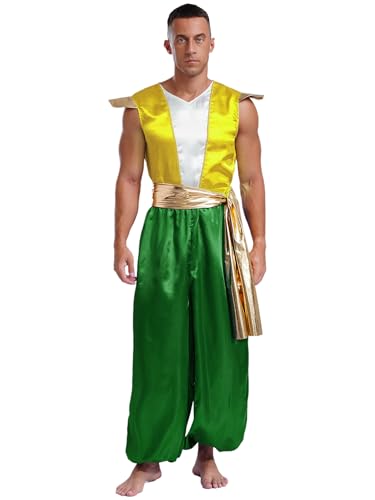 CHICTRY Arabischer Prinz Kostüm Herren Aladin Outfit Ärmellos Satin Overall Lang Strampler Mit Goden Gürtel Für Fasching Karneval Mottoparty Grün L von CHICTRY