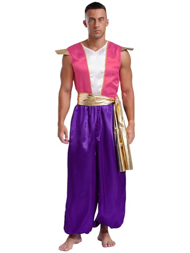 CHICTRY Arabischer Prinz Kostüm Herren Aladin Outfit Ärmellos Satin Overall Lang Strampler Mit Goden Gürtel Für Fasching Karneval Mottoparty Violett XXL von CHICTRY