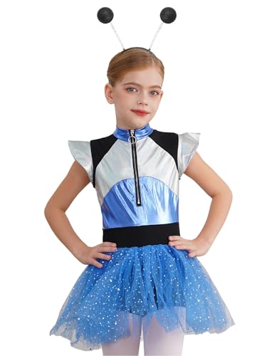 CHICTRY Astronaut Kostüm Mädchen Kinder Metallic Ballettkleid Stehkragen Tanzkleid Mit Tüllrock Alien Stirnband Space Girl Outfit Für Halloween Karneval Blau Schwarz 110-116 von CHICTRY