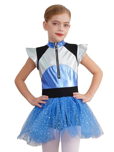 CHICTRY Astronaut Kostüm Mädchen Mit Glitzer Tüllrock Kinder Metallic Ballettkleid Stehkragen Tanzkleid Tutu Space Girl Outfit Für Halloween Karneval Blau 110-116 von CHICTRY