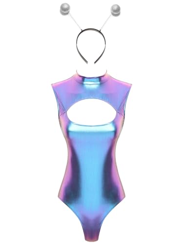 CHICTRY Astronauten Body Damen Alien Kostüm Holographic Bodysuit Ärmellos Catsuit Cut Out Leotard Mit Alien Stirnband Festival Rave Outfit Blau XXL von CHICTRY