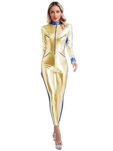 CHICTRY Astronauten Kostüm Damen Body Ganzkörper Overall Langarm Metallic Jumpsuit Glänzend Ganzkörperanzug Für Fasching Karneval Gold 3XL von CHICTRY